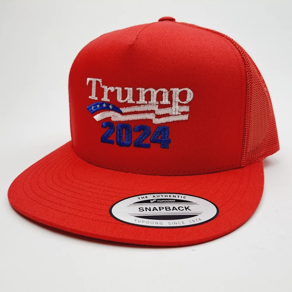 Trump 2024 MAGA Flat Bill Trucker Mesh Snapback Cap Hat Red